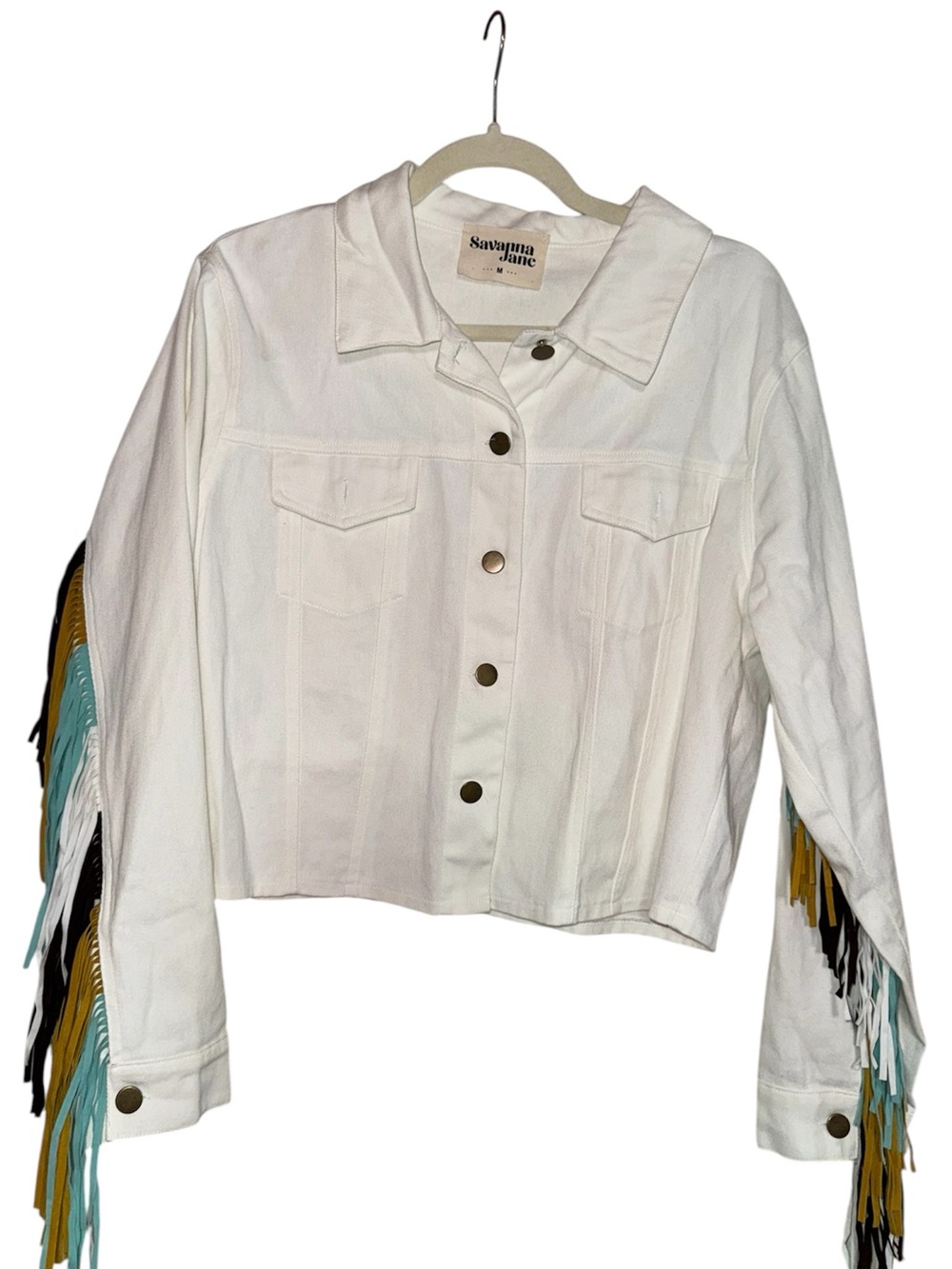 Savanna Jane White Denim Fringe Jacket Size Medium